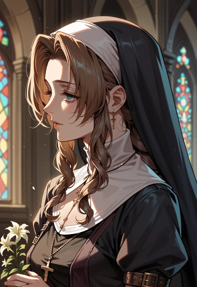 Aerith in her nun&#39;s garb、(Ahegao 3)、Peeing with panties on、sitting in a church chair、Bow-legged、(Grinning 3)、Looks happy、Roll one&#39;s eyes、snot、Drooling、Crying