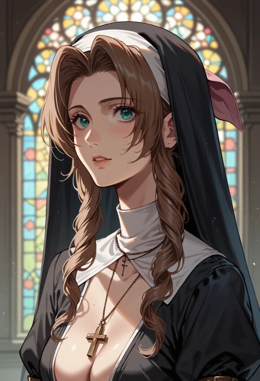 Aerith in her nun&#39;s garb、(Ahegao 3)、Peeing with panties on、sitting in a church chair、Bow-legged、(Grinning 3)、Looks happy、Roll one&#39;s eyes、snot、Drooling、Crying