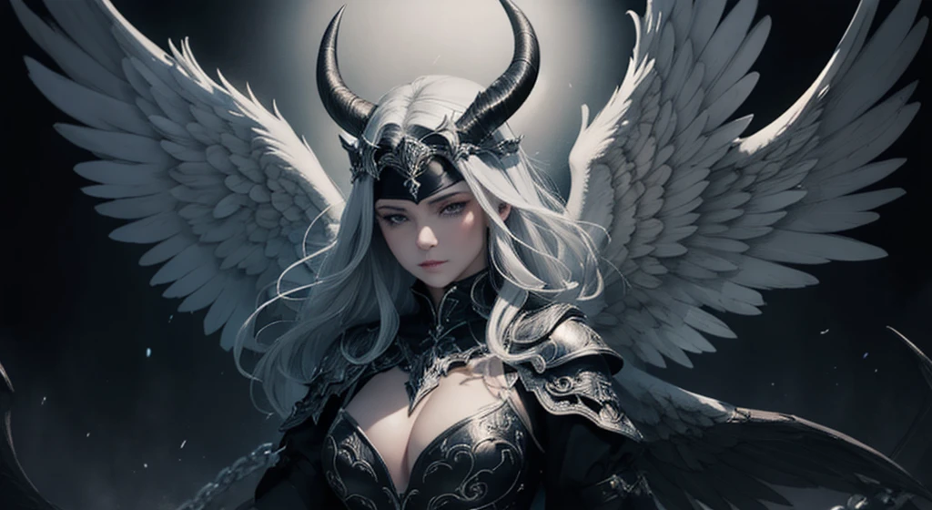 blindfolded, Divine judgement, sending from the sky, dynamic pose, A beautiful angel woman with huge wings, giant horns, facing forward, in a melancholy pose, with a beautiful sharp face, ultra-detailed, hyper realistic, cinematic lighting, dark moody colors, dramatic shadows, intricate details, ethereal, fantasy, elegant, photorealistic, body armor, showing no emotion, grey skin