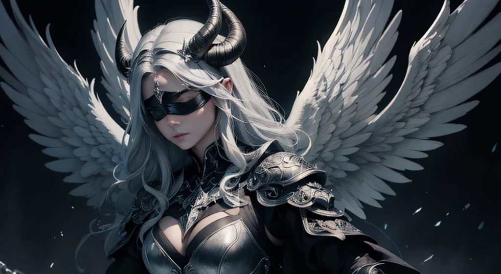 blindfolded, Divine judgement, sending from the sky, dynamic pose, A beautiful angel woman with huge wings, giant horns, facing forward, in a melancholy pose, with a beautiful sharp face, ultra-detailed, hyper realistic, cinematic lighting, dark moody colors, dramatic shadows, intricate details, ethereal, fantasy, elegant, photorealistic, body armor, showing no emotion, grey skin