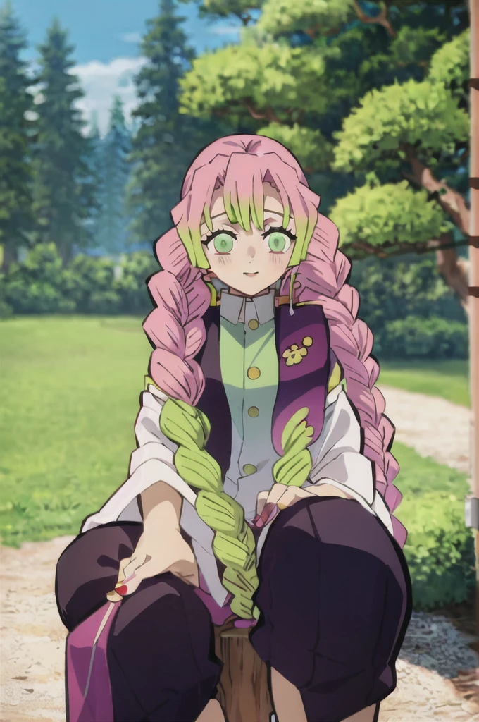 kanroji mitsuri, demon slayer, 1girl, solo, full body, (leaning on tree:1.2), tree, nature, sky, long hair, smiling, green eyes, pink hair, braid, outdoors, green hair, mole, blurry, twin braids, mole under eye, parody, portrait, explorer uniform, 