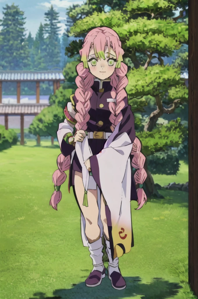 kanroji mitsuri, demon slayer, 1girl, solo, full body, (leaning on tree:1.2), tree, nature, sky, long hair, smiling, green eyes, pink hair, braid, outdoors, green hair, mole, blurry, twin braids, mole under eye, parody, portrait, explorer uniform, 