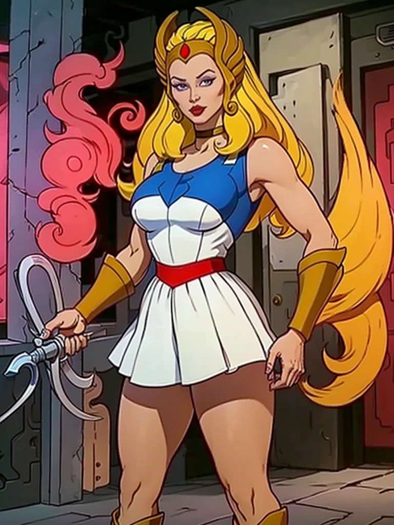 raw photo of a 1 girl, (Alone:1.3), 1 girl, Alone, she-ra, wide, by rubio, Blue eyes, tiara, White dress, choker, red layer, make up, lipstick, old, medium old, brace, wristband, looking at the viewer, portrait, weapon, sword, layer, parody, Grayskull Sword, sword of power, Boots, classification:safe, 1980s \(Style\), retro artStyle, dynamic pose, cocky smile, high , (muscled body:1.3), (female hands:1.3), cutaneous denture, narrow waist, Thighs, Wide hips, half eye closed, eyeliner, eyelashes, Perfect face, detailed eyes, facial lighting, looking at the viewer (Masterpiece, high quality:1.2)
