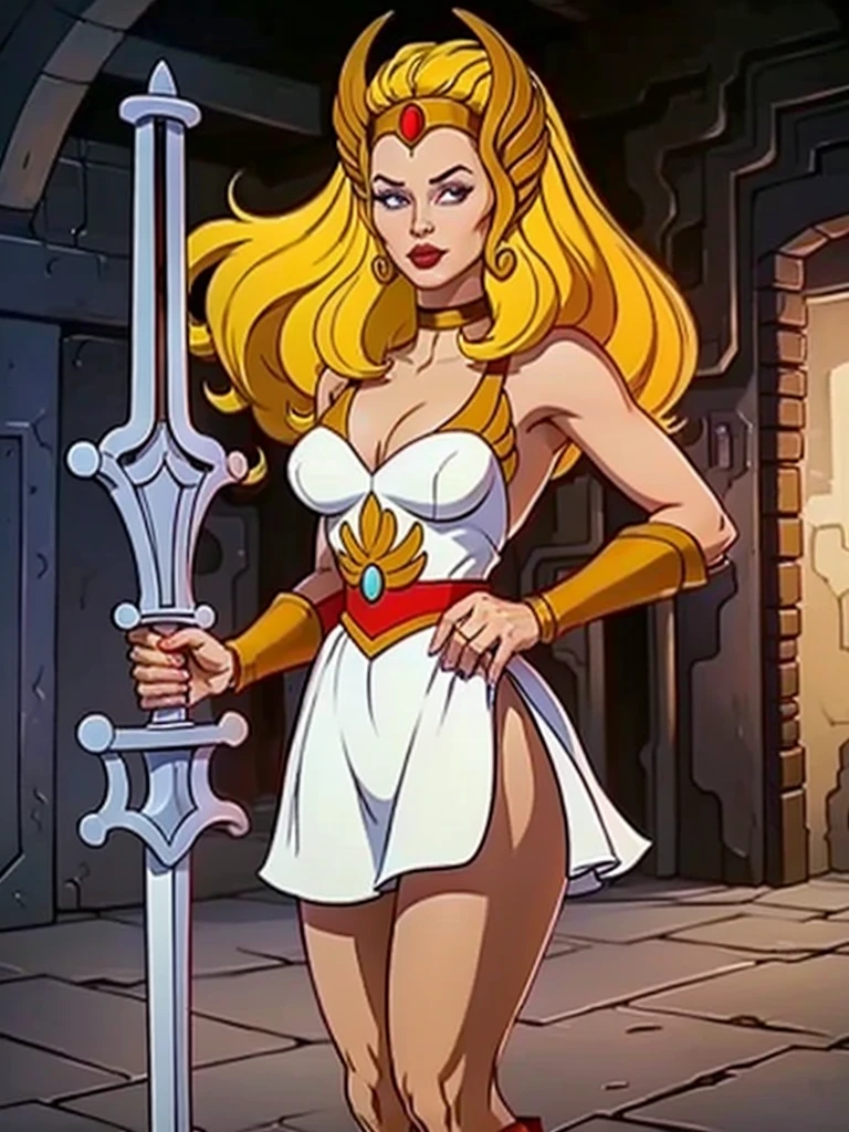 raw photo of a 1 girl, (Alone:1.3), 1 girl, Alone, she-ra, wide, by rubio, Blue eyes, tiara, White dress, choker, red layer, make up, lipstick, old, medium old, brace, wristband, looking at the viewer, portrait, weapon, sword, layer, parody, Grayskull Sword, sword of power, Boots, classification:safe, 1980s \(Style\), retro artStyle, dynamic pose, y smile, high , (muscled body:1.3), (female hands:1.3), cutaneous denture, narrow waist, Thighs, Wide hips, half eye closed, eyeliner, eyelashes, Perfect face, detailed eyes, facial lighting, looking at the viewer (Masterpiece, high quality:1.2)