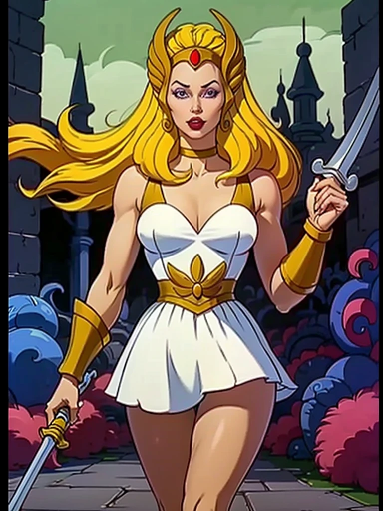 raw photo of a 1 girl, (Alone:1.3), 1 girl, Alone, she-ra, wide, by rubio, Blue eyes, tiara, White dress, choker, red layer, make up, lipstick, old, medium old, brace, wristband, looking at the viewer, portrait, weapon, sword, layer, parody, Grayskull Sword, sword of power, Boots, classification:safe, 1980s \(Style\), retro artStyle, dynamic pose, cocky smile, high , (muscled body:1.3), (female hands:1.3), cutaneous denture, narrow waist, Thighs, Wide hips, half eye closed, eyeliner, eyelashes, Perfect face, detailed eyes, facial lighting, looking at the viewer (Masterpiece, high quality:1.2)
