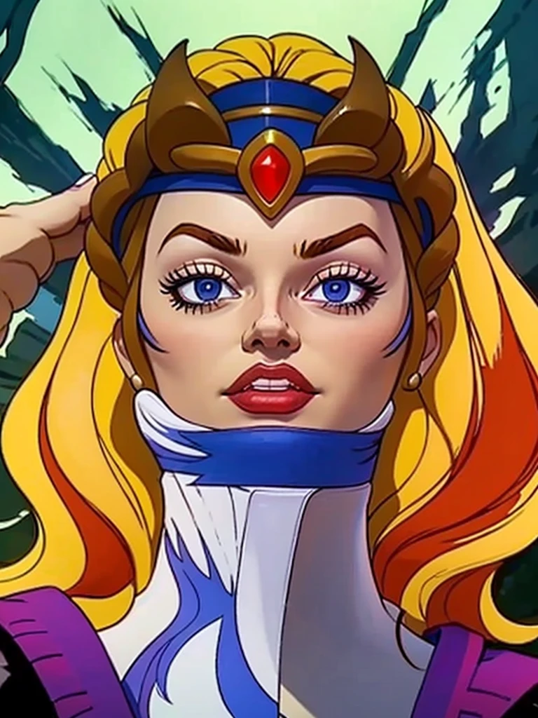 raw photo of a 1 girl, (Alone:1.3), 1 girl, Alone, she-ra, wide, by rubio, Blue eyes, tiara, White dress, choker, red layer, make up, lipstick, old, medium old, brace, wristband, looking at the viewer, portrait, weapon, sword, layer, parody, Grayskull Sword, sword of power, Boots, classification:safe, 1980s \(Style\), retro artStyle, dynamic pose, cocky smile, high , (muscled body:1.3), (female hands:1.3), cutaneous denture, narrow waist, Thighs, Wide hips, half eye closed, eyeliner, eyelashes, Perfect face, detailed eyes, facial lighting, looking at the viewer (Masterpiece, high quality:1.2)