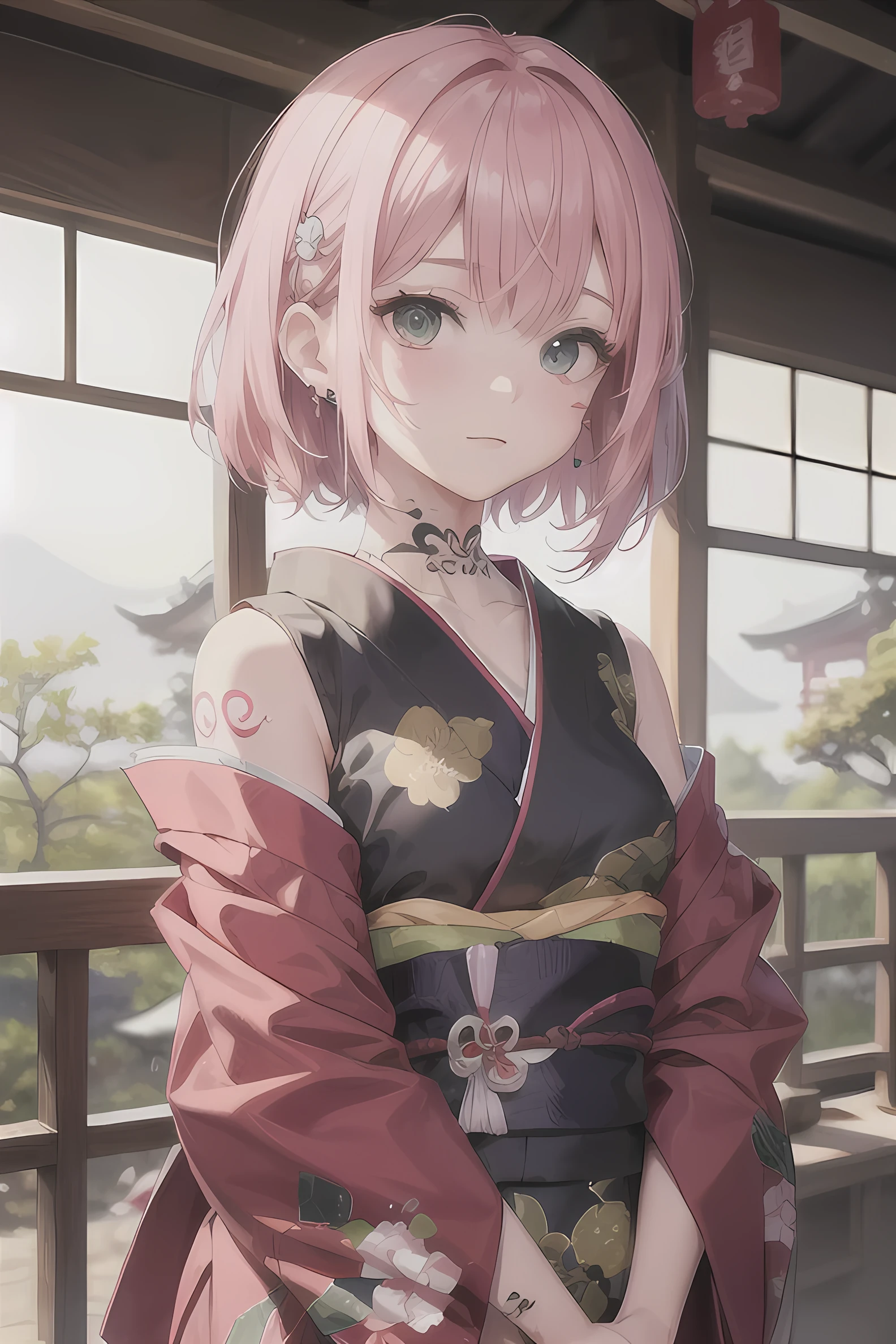 portrait of japanese,standing alone,20 year,beautiful  face,trunk,pink  hair, bangss,medium side cut, pink  hair, medium length hair, sharp focus, wearing kimono clothes, Classic Japanese Clothing, eyes shining green, fly away, innocent. tattoos on the body, ((Neck tattoo)) ((tattoo on arms))