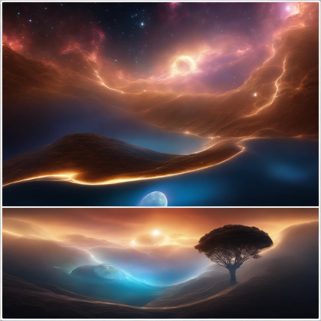 a cosmic planet, a surreal cosmic landscape, nebula clouds, glowing energy fields, digital art, 8k, cinematic lighting, hyperrealistic, dramatic atmosphere, dynamic composition, stunning details, intricate fractal patterns, vivid colors, volumetric lighting, photorealistic, epic scale, award winning digital art, dramatic lighting, cinematic perspective, masterpiece