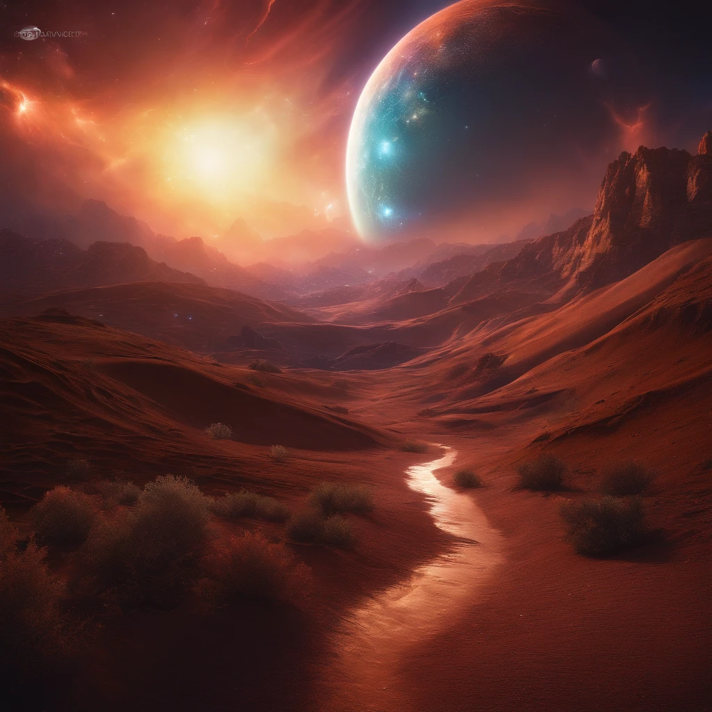 a cosmic planet, a surreal cosmic landscape, nebula clouds, glowing energy fields, digital art, 8k, cinematic lighting, hyperrealistic, dramatic atmosphere, dynamic composition, stunning details, intricate fractal patterns, vivid colors, volumetric lighting, photorealistic, epic scale, award winning digital art, dramatic lighting, cinematic perspective, masterpiece