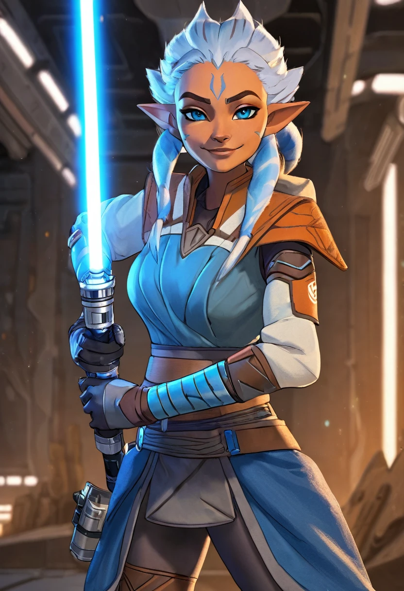 (masterpiece, best quality:1.2), solo, 1girl, AhsokaS7, colored skin, smile, looking at viewer, with dual light saber, blue eyes, AhsokaS7Outfit, blue shirt, vambraces, fingerless gloves, hip armor, blue skirt, blue leggings 