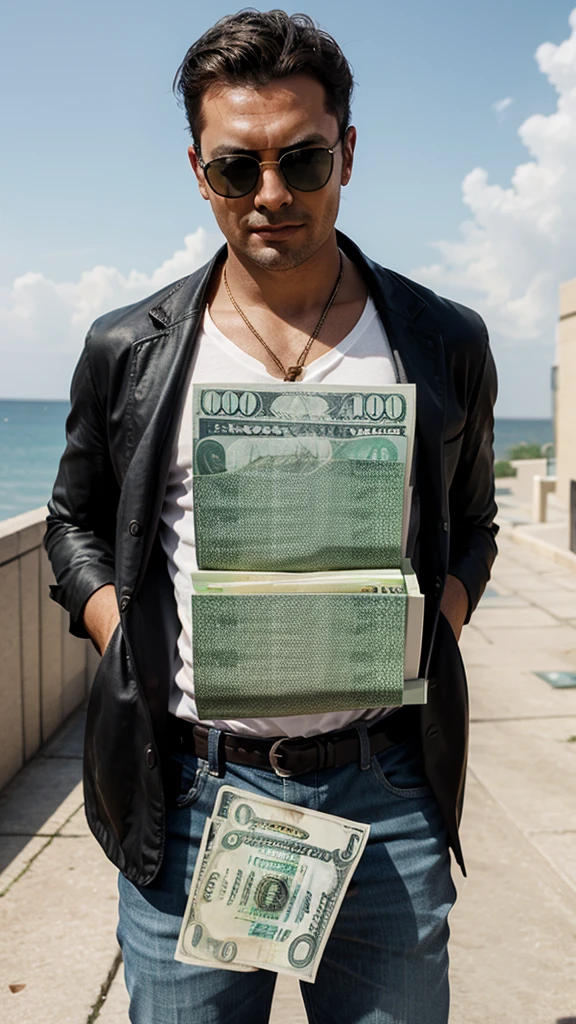 Successful man wearing daek sunglasses holding up dollar bills