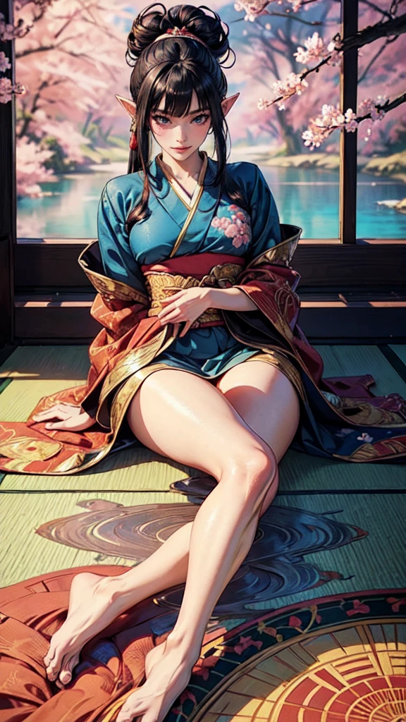 Anime woman, sitting on a mat, in traditional Japanese clothing with intricate patterns, cherry blossoms falling around her, beautiful, detailed skin with a gentle red blush, long, silky black hair styled in a elegant bun, expressing a thoughtful and kindly smile, anime painter studio masterpiece, hyper-realistic style, realistic anime 3D, unparalleled beauty, seductive curves accentuated by a shimmering kimono, anime CG art, smooth and vibrant colors, realistic and rich textures, surrounded by delicate calligraphy and ornate trim, animated background with tranquil water and gentle breeze.,detailed face, detailed eyes, detailed hands, colors, sexy pose,elf woman

