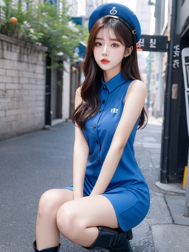 Beautiful woman wearing a blue Wearing uniform korea style clothes mini dress with decorations on the shirt and visible shoulders and wearing boots and being photographed with a background And you are in a wonderland world,Korean style swag, beautiful face so gorgeous, Beautiful eyes, y2k style,