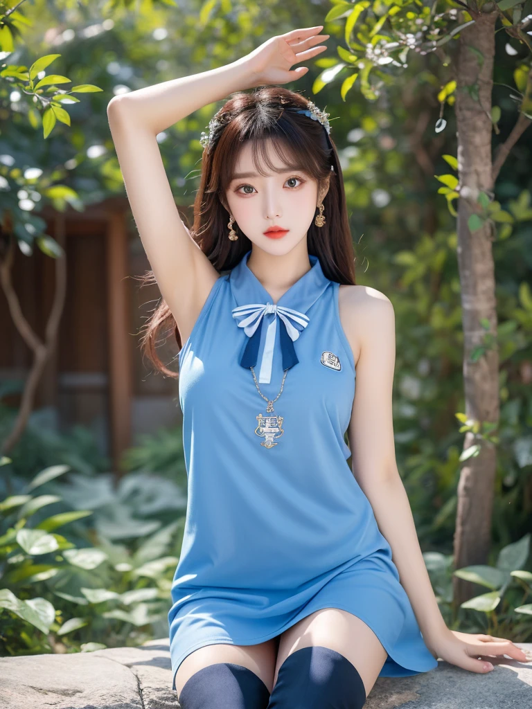 Beautiful woman wearing a blue Wearing uniform korea style clothes mini dress with decorations on the shirt and visible shoulders and wearing boots and being photographed with a background And you are in a wonderland world,Korean style swag, beautiful face so gorgeous, Beautiful eyes, y2k style,