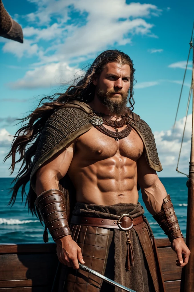I want an image of a conquering viking on a ship with beautiful women and treasures. I want the viking to have black hair and I want him to be shredded and strong. I want the background to be ocean with eyes of God in the sky watching down. 