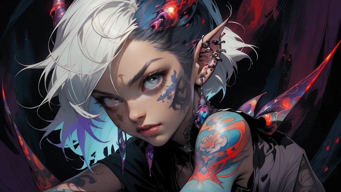 realist, (Masterpiece, Superior quality, Best Quality, Official Art, Beauty, atmospheric, cosmic, Gothic, Psychedelic, dreamlike, horror, in the style of tokyo ghoul and devil may cry: 1.2), Very detailed, Fractal Art, showy, More Detailed, tangled, (abstract background: 1.5) (1 chico: 1.3), Ghoul, oni horns, short Blue Hair, Hair, (bright red eyes, tons of tattoos and piercings), Mysterious, (dark magic), beautiful goth elf woman, Japanese folklore style