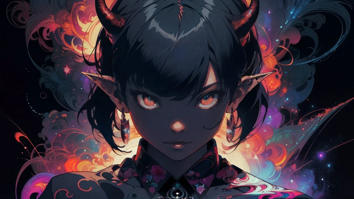 realist, (Masterpiece, Superior quality, Best Quality, Official Art, Beauty, atmospheric, cosmic, Gothic, Psychedelic, dreamlike, horror, in the style of tokyo ghoul and devil may cry: 1.2), Very detailed, Fractal Art, showy, More Detailed, tangled, (abstract background: 1.5) (1 chico: 1.3), Ghoul, oni horns, short Blue Hair, Hair, (bright red eyes, tons of tattoos and piercings), Mysterious, (dark magic), beautiful goth elf woman, Japanese folklore style