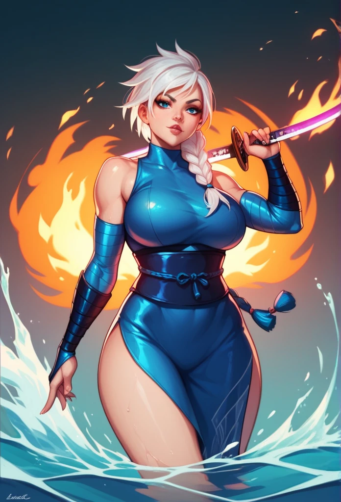 White hair in a long braid, with a pastel rainbow streak.  Eyes as blue as ice.  White and blue kunoichi dress, ninja clothes.  A katana with blue glow.  Curvy body, big breasts.She is fire, water and ice, which elements resemble 