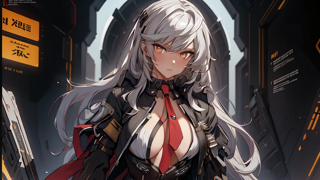 The alone young long waist silver hair woman as the lone character, yellow eye, golde eyes, stand alone , high resolution, sci-fi battlefield , Hyper detail mature face, wear only White shirt, black glove, black jacket, high res, ultra sharp, red necktie, black V-cut panty , black string full leg stocking, black string high thigh kneesock, Black undergarment, exposed leg , exposed panty, She stands confidently in the center of the poster, detail finger, 5 finger, Shooting pose,explosion effect, a determined expression on her face。The background is dark and gritty,There is a sense of danger and a strong feeling。The text is bold and eye-catching,With catchy slogans,Adds to the overall drama and excitement。The color palette is dominated by dark colors,Dotted with bright colorake the poster dynamic and visually striking,(Magazines:1.3), (Cover-style:1.3), Fashion, vibrant, Outfit, posing on a, Front, rich colorful,Background with,element in,self-assured,Expressing the,halter,statement,Attachment,A majestic,coil,Runt,Touching pubic area,Scenes,text,Cover of a,boldness,attention-grabbing,titles,Fashion,typeface,,Best quality at best,Hyper-detailing,8K ,hyper HD