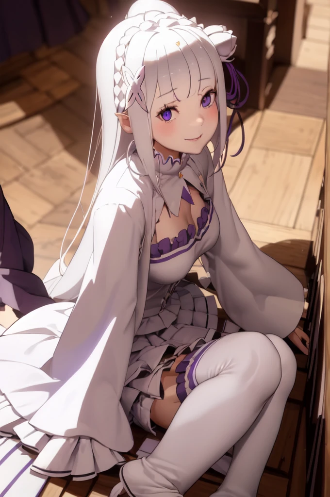 masterpiece, 1girl, Emilia, blunt bangs, long hair, crown braid,
white dress, detached collar, wide sleeves, x hair ornament, hair flower, hair ribbon, white thigh boots, cleavage, purple frills, pleated_white_skirt
sitting on bench, garden, arms at sides,
looking at viewer, (smile:1.2), blush, from above,