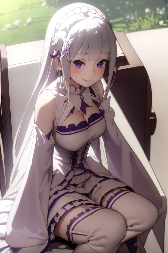 masterpiece, 1girl, Emilia, blunt bangs, long hair, crown braid,
white dress, detached collar, wide sleeves, x hair ornament, hair flower, hair ribbon, white thigh boots, cleavage, purple frills, pleated_white_skirt
sitting on bench, garden, arms at sides,
looking at viewer, (smile:1.2), blush, from above,