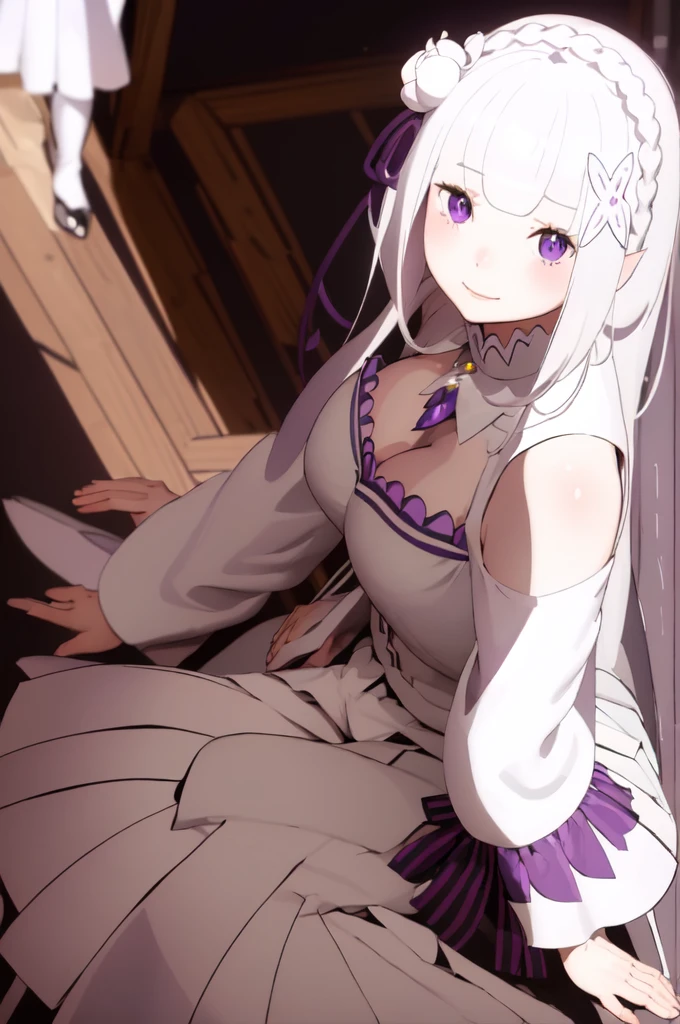 masterpiece, 1girl, Emilia, blunt bangs, long hair, crown braid,
white dress, detached collar, wide sleeves, x hair ornament, hair flower, hair ribbon, white thigh boots, cleavage, purple frills, pleated_white_skirt
sitting on bench, garden, arms at sides,
looking at viewer, (smile:1.2), blush, from above,