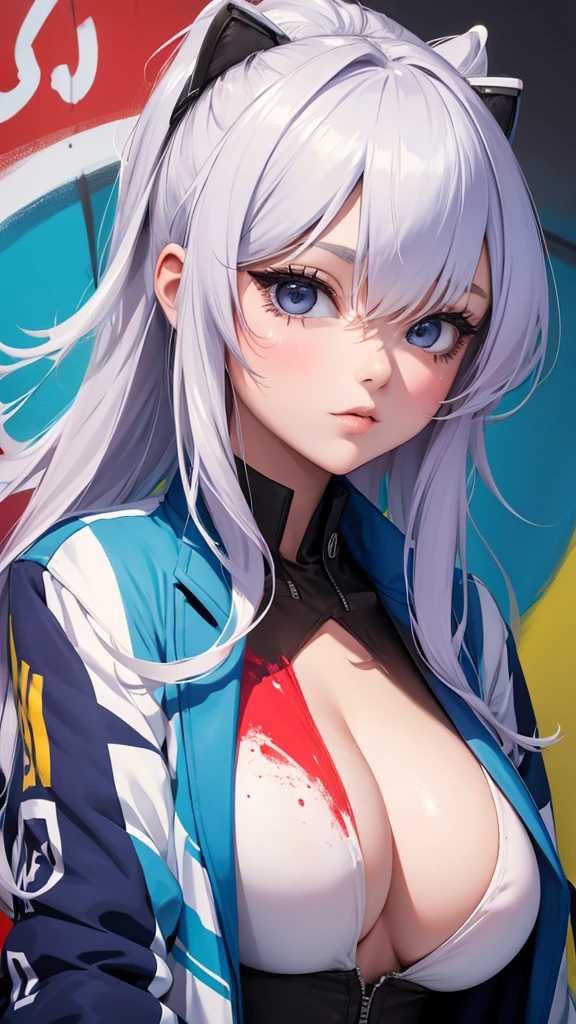 Beautiful girl, beautiful face, paint, colorful, shirt, jacket, big breasts,