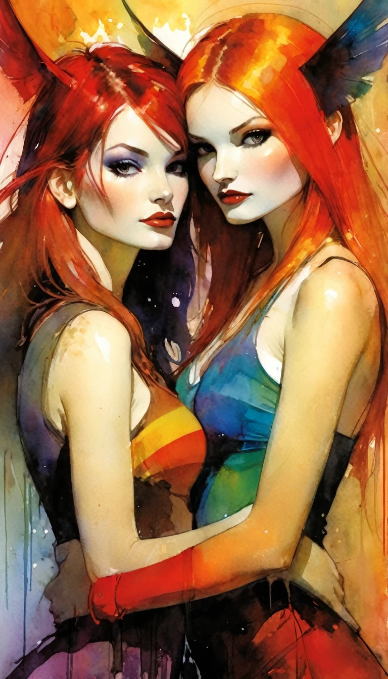 two girls, 1 red hair girl and 1 black hair girl, on the beach, bikini, nude tits, affectionate, sun (art inspired by Bill Sienkiewicz). oil painting)