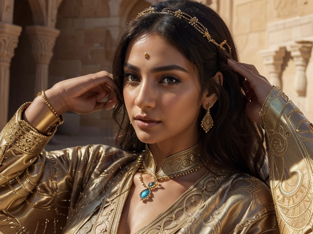 a beautiful arabian woman, detailed portrait, realistic, photorealistic, intricate details, ornate jewelry, flowing robes, serene expression, piercing eyes, delicate features, warm skin tones, dramatic lighting, rich colors, luxurious fabric textures, ornamental architecture, desert landscape background, (best quality,4k,8k,highres,masterpiece:1.2),ultra-detailed,(realistic,photorealistic,photo-realistic:1.37)