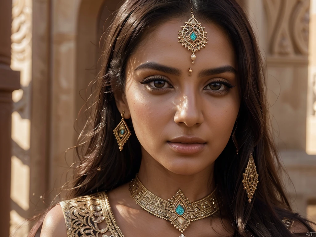 a beautiful arabian woman, detailed portrait, realistic, photorealistic, intricate details, ornate jewelry, flowing robes, serene expression, piercing eyes, delicate features, warm skin tones, dramatic lighting, rich colors, luxurious fabric textures, ornamental architecture, desert landscape background, (best quality,4k,8k,highres,masterpiece:1.2),ultra-detailed,(realistic,photorealistic,photo-realistic:1.37)