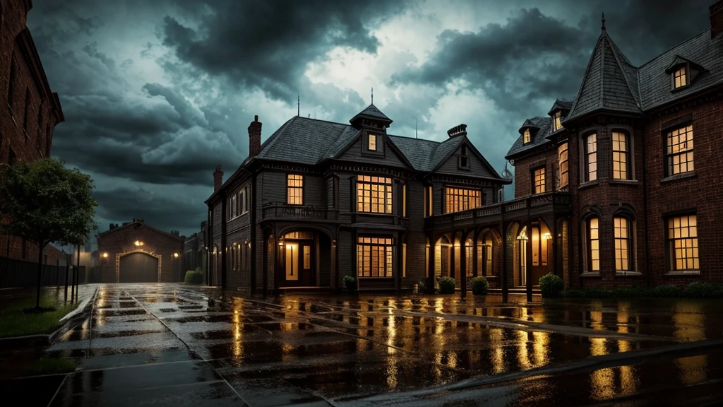 a night scene of an urban house in the rain, detailed architecture, dramatic lighting, moody atmosphere, cinematic, dark clouds, heavy rain, puddles, gloomy, old building, Victorian style, brick walls, arched windows, ornate details, weathered, atmospheric, stormy sky, dynamic composition, dramatic lighting and shadows, realistic rendering, 8k, ultra-detailed, photorealistic