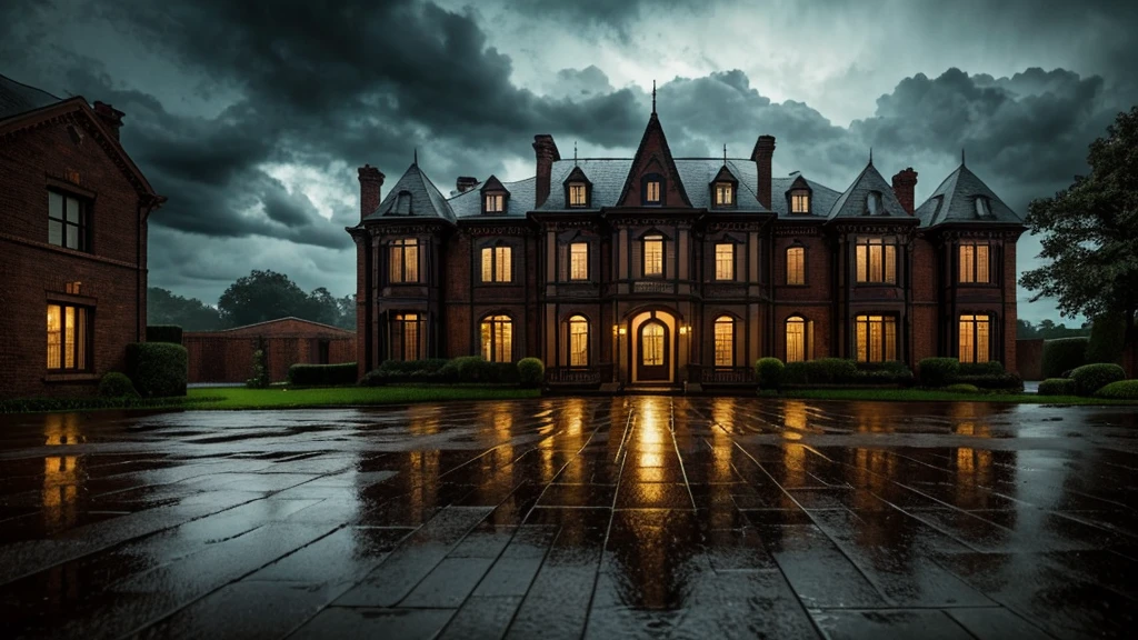 a night scene of an urban house in the rain, detailed architecture, dramatic lighting, moody atmosphere, cinematic, dark clouds, heavy rain, puddles, gloomy, old building, Victorian style, brick walls, arched windows, ornate details, weathered, atmospheric, stormy sky, dynamic composition, dramatic lighting and shadows, realistic rendering, 8k, ultra-detailed, photorealistic