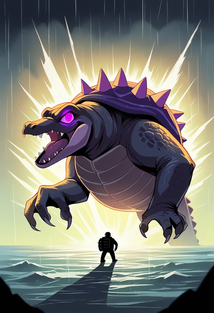 Backlighting, shadows, Symmetry, Ultrahigh definition, Masterpiece, ccurate, super-detail, High quality, 8K, Dark style theme, The picture is extremely dark and evil, Center of the screen, cinematic, sea, thunderstorm, hurricane, rain, solo, gamera, ancient turtle, kaijuu, claws, fangs, monster, open mouth, plastron, no human, retro artstyle, sharp teeth, teeth, tokusatsu, turtle shell, turtle-like, alligator snapping turtle, dark coloring, dark, horror, quadrupedal, short neck, crystal, spike, glowing eyes, purple eyes, purple thunder eyes effect,