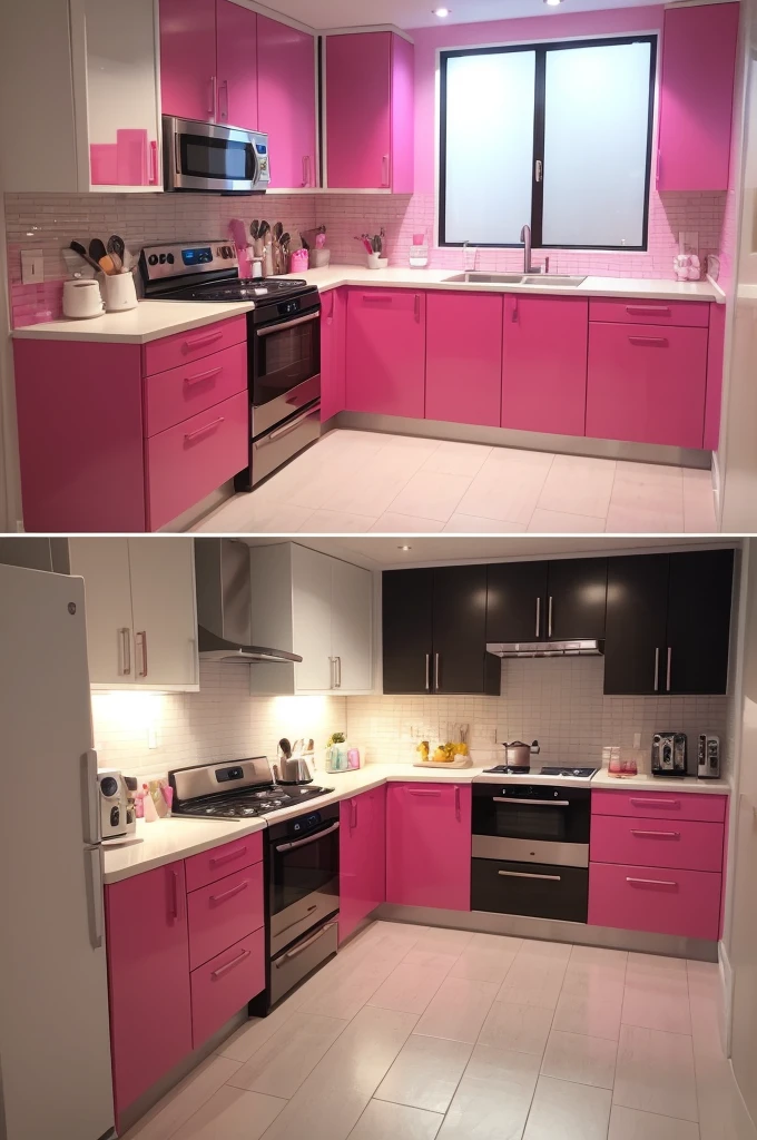 Create a kitchen, big fit ass, big, big with barbie theme, a very large realistic kitchen, to a Barbie coffee shop