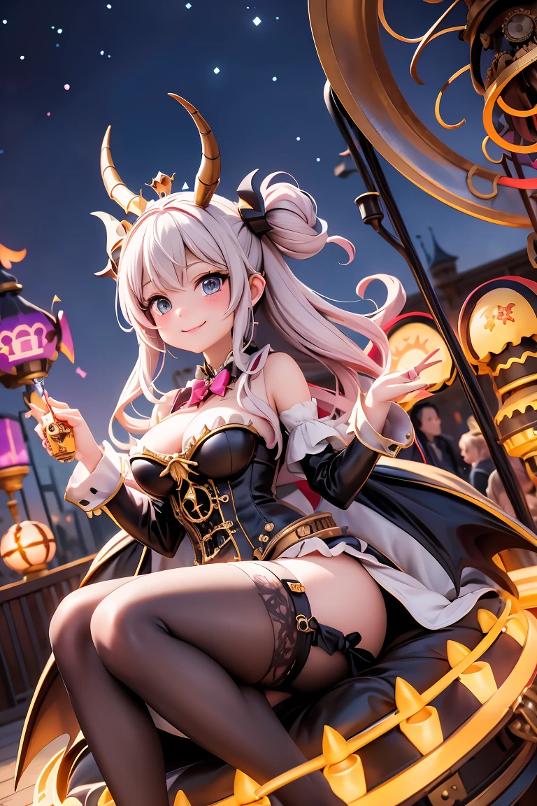a cute horned demon queen smiling, queen crown, having fun at an amusement park at night, ((steampunk)) amusement park, night scene, lanters and cancles all around