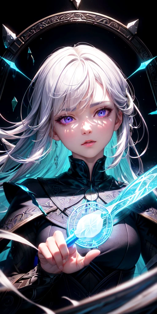 (masterpiece, best quality, ultra-detailed, best shadow), (detailed background,dark fantasy), (beautiful detailed face), high contrast, (best illumination, an extremely delicate and beautiful), ((cinematic light)), colorful, hyper detail, dramatic light, intricate details, (1girl, solo,white hair, sharp face,purple eyes, hair between eyes,dynamic angle), blood splatter, swirling black light around the character, depth of field,black light particles,(broken glass),magic circle,