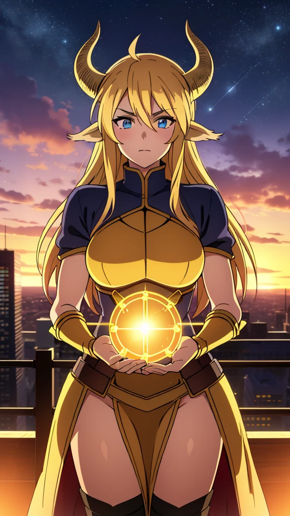 dreamy, colorful, sharp focus,fine detail, 8k resolution, ((glowing lights)),sunset sky,city,trees,1girl,30 years old,solo,tall,serious,long hair,blond hair,horns,golden knight armor,cow ears,golden statue,on top of a skyscraper