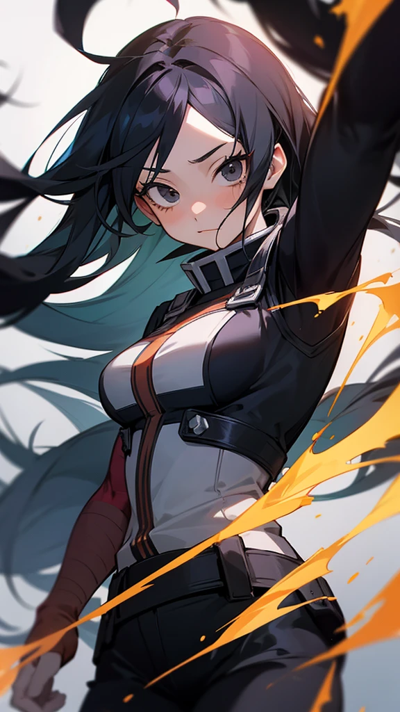 Boku No Hero Academia 16 year old girl with elastic superpowers and black magic with long hair and gray and black eyes