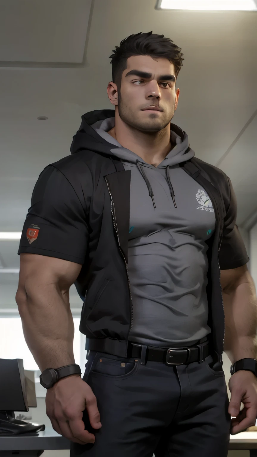 (best quality:2, 8k:2,absurdres:2, masterpiece:2, atmospheric:2, extremely detailed, detailed textures,detailed cloth texture, perspective), epic, soft light, dramatic lighting, reflection, highlight, depth of field, sharp focus, vibrant colors:2, photorealistic:2, male focus, medium shot, blue hoodie, ((open hoodie:1.0)), open jacket, futuristic costume, casual costume, sci-fi casual costume, sci-fi casual clothes, short sleeves sci-fi armor, short sleeves shirt, looking at viewer, serious expression, bara, bear-like, muscle, mature, athletic, perfect face, rugged look, facial hair, beard, stubble, big eyes, amber eyes, reflection in eyes, heavy brow, short hair, undercut, black hair