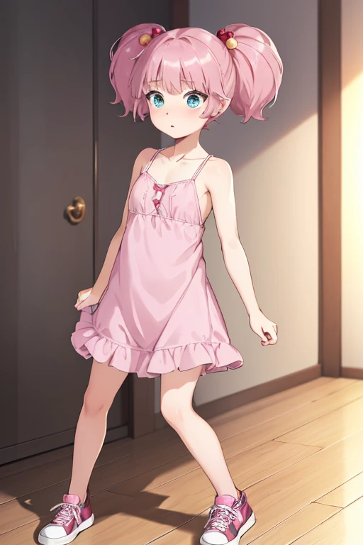 masterpiece, top quality, Very detailed, surprised boy, male physique, Account, two bushy tails, pink hair, hair ornaments, loose hair, Blue eyes, pink ruffle dress, (flat chest:1.4), in room,