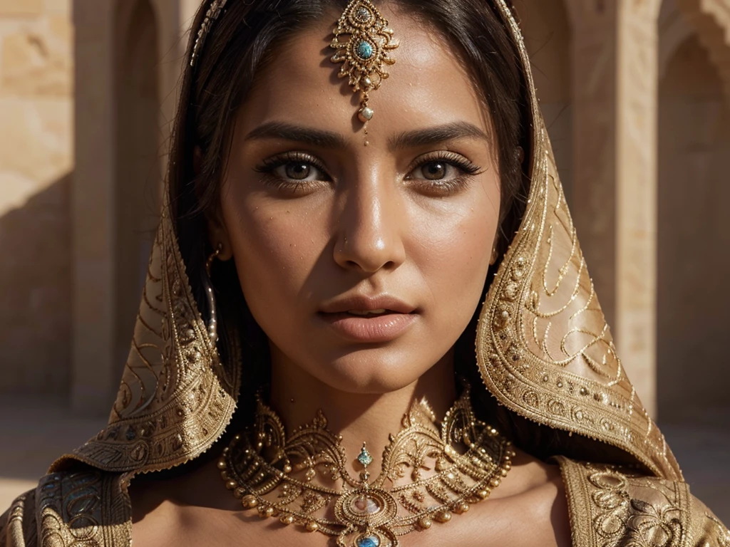 a beautiful arabian woman, detailed portrait, realistic, photorealistic, intricate details, ornate jewelry, flowing robes, serene expression, piercing eyes, delicate features, warm skin tones, dramatic lighting, rich colors, luxurious fabric textures, ornamental architecture, desert landscape background, (best quality,4k,8k,highres,masterpiece:1.2),ultra-detailed,(realistic,photorealistic,photo-realistic:1.37)