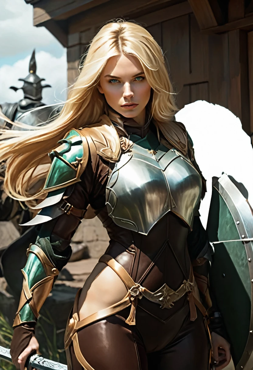 blond woman in armor with sword and shield in front of a building, gorgeous female paladin, armor girl, artgerm julie bell beeple, fantasy paladin woman, of a beautiful female knight, extremely detailed artgerm, beautiful female knight, a blonde emerald warrior, artgerm and wlop, female paladin, stunning character art