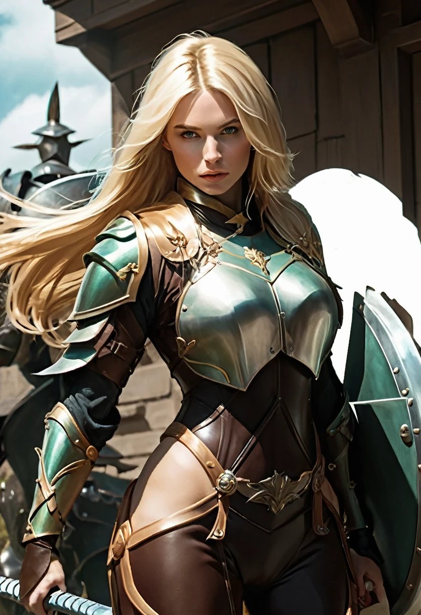 blond woman in armor with sword and shield in front of a building, gorgeous female paladin, armor girl, artgerm julie bell beeple, fantasy paladin woman, of a beautiful female knight, extremely detailed artgerm, beautiful female knight, a blonde emerald warrior, artgerm and wlop, female paladin, stunning character art