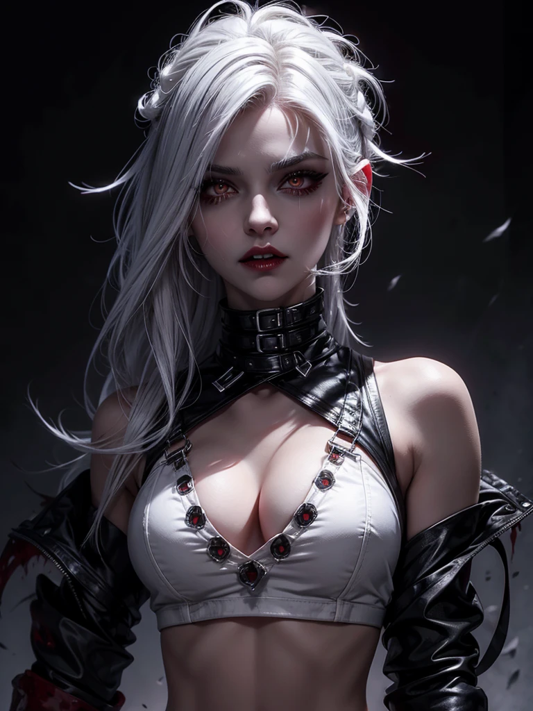 Vampire furry,white wolf furry,mouth bleeding,bloody lips,bloody mouth,blood dripping from the mouth,black sclera,long eyelashes,fangs,stunning eyes,deep eyes,crop top,crop gloves,crop suit,collar,white hair,muzzle,