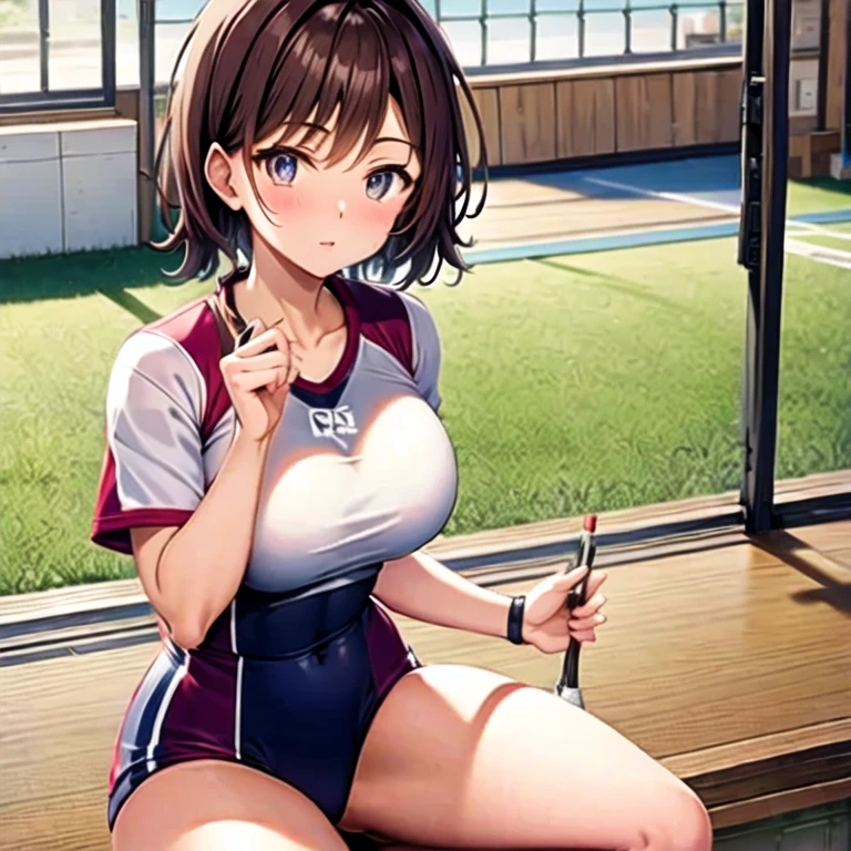 ((masterpiece, best quality, highly detailed, 8K:1.3)) 1 girl, swimming pool, (poolside), peeing self, (Anatomically correct), squatting, hand between legs, school swimsuit, swimwear, swimsuit aside, (detailed pretty face:1.1), blush, medium hair, beautiful brown hair, detailed dark eyes, beautiful clavicle, delicate skin, hearty body, realistic lighting, realistic clear water, urine, pussy, pee