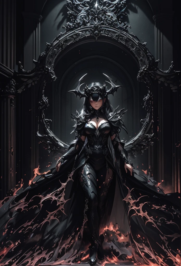 blindfolded, Divine judgement, sending from the sky, dynamic pose, A beautiful angel woman with huge wings, 2 giant horns, facing forward, in a melancholy pose, with a beautiful sharp face, ultra-detailed, hyper realistic, cinematic lighting, dark moody colors, dramatic shadows, intricate details, ethereal, fantasy, elegant, photorealistic, body armor, showing no emotion, grey skin
