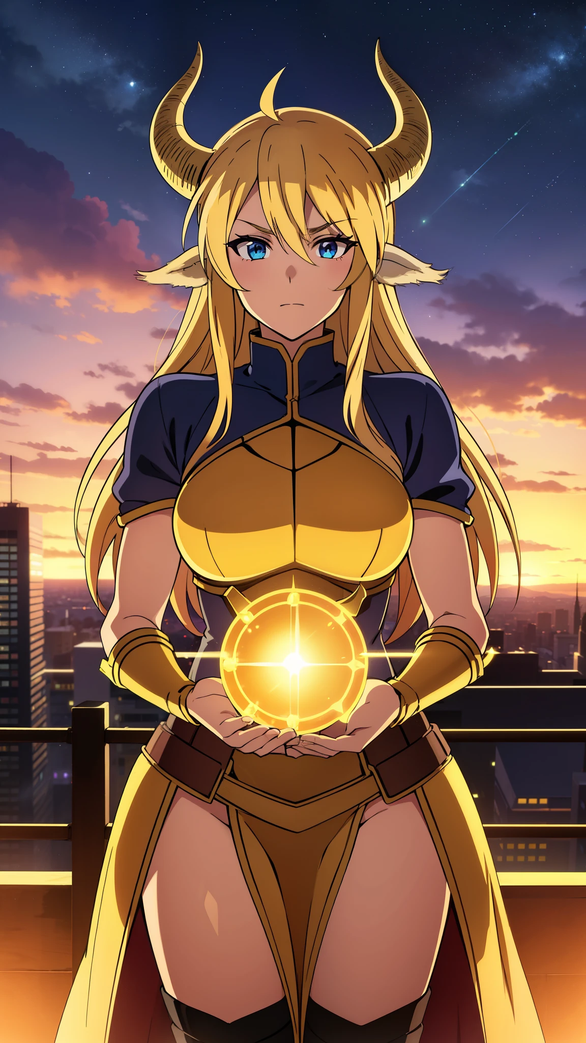 dreamy, colorful, sharp focus,fine detail, 8k resolution, ((glowing lights)),sunset sky,city,trees,1girl,30 years old,solo,tall,serious,long hair,blond hair,horns,golden knight armor,cow ears,golden statue,on top of a skyscraper