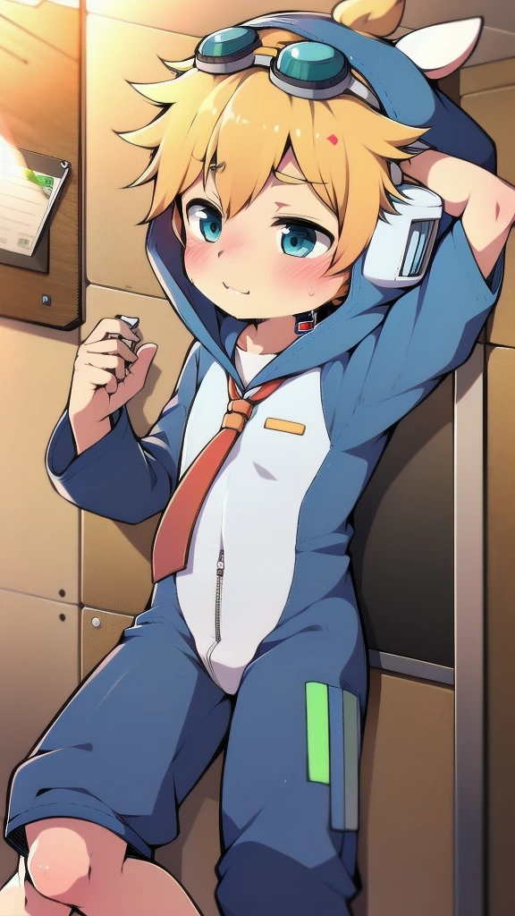 2D Boy Shota，One-piece mountaineering suit，Slim, healthy body，Put the headphones on your head，Standing，goggles，Rabbit ears，happy，Sailor collar，tie，Zipper pulled down，hood，blush，dormitory，Panting