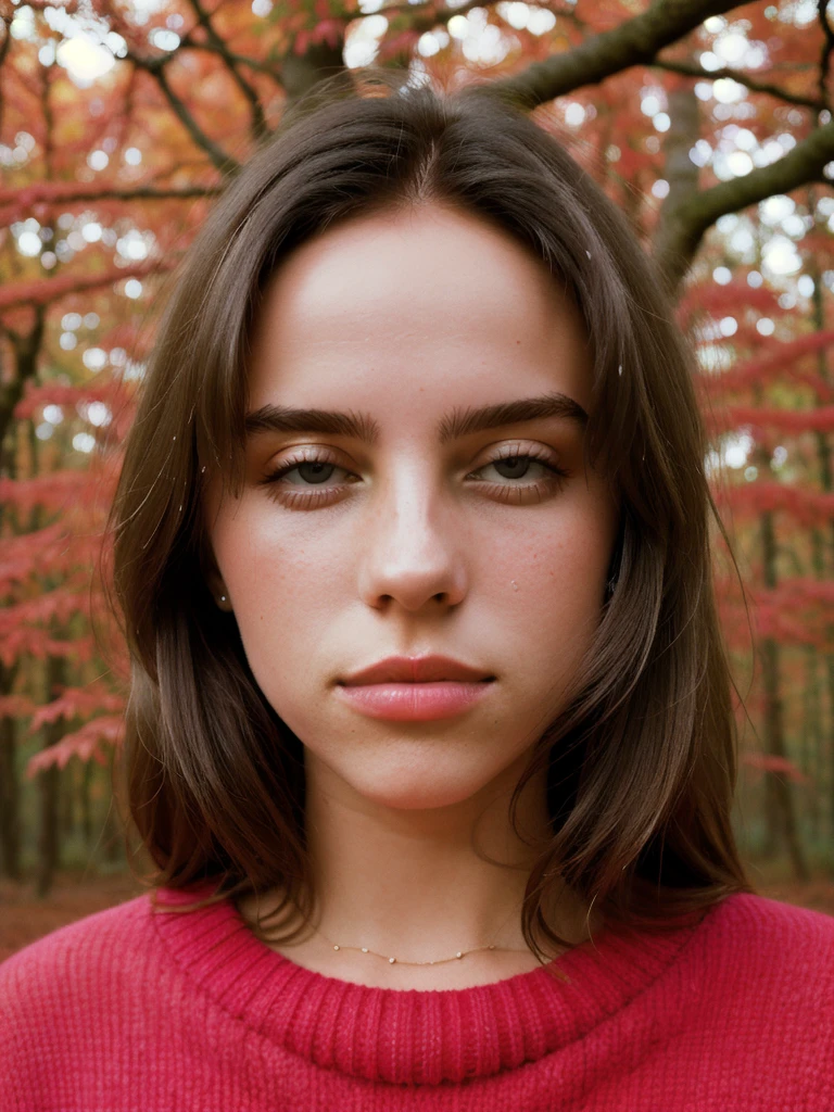 Elegant Minimalistic Photography, 1990s, (beautiful) Model wearing a pink jumper, Red Autumn Forest Background, Natural Lighting, chaos, minimalist, close-up portrait photo, (shot on Portra 400).