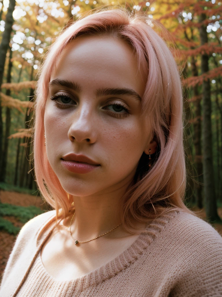 Elegant Minimalistic Photography, 1990s, (beautiful) Model wearing a pink jumper, Red Autumn Forest Background, Natural Lighting, chaos, minimalist, close-up portrait photo, (shot on Portra 400).